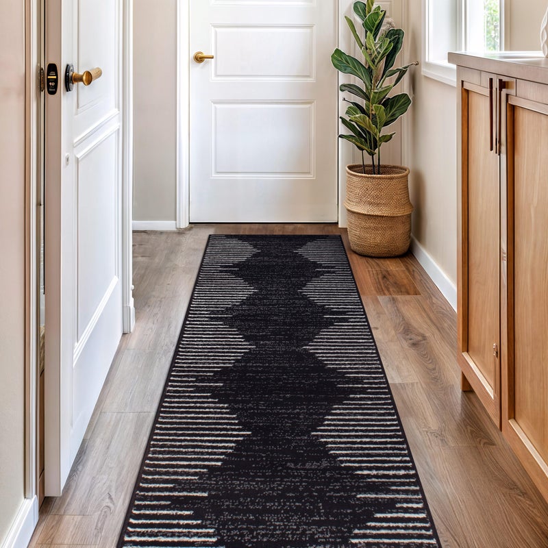 Rugshop Bohemian Stripe Stain Resistant High Traffic Living Room Kitchen Bedroom Dining Home Office Runner Rug 2'7" x 8' Black - Image 1