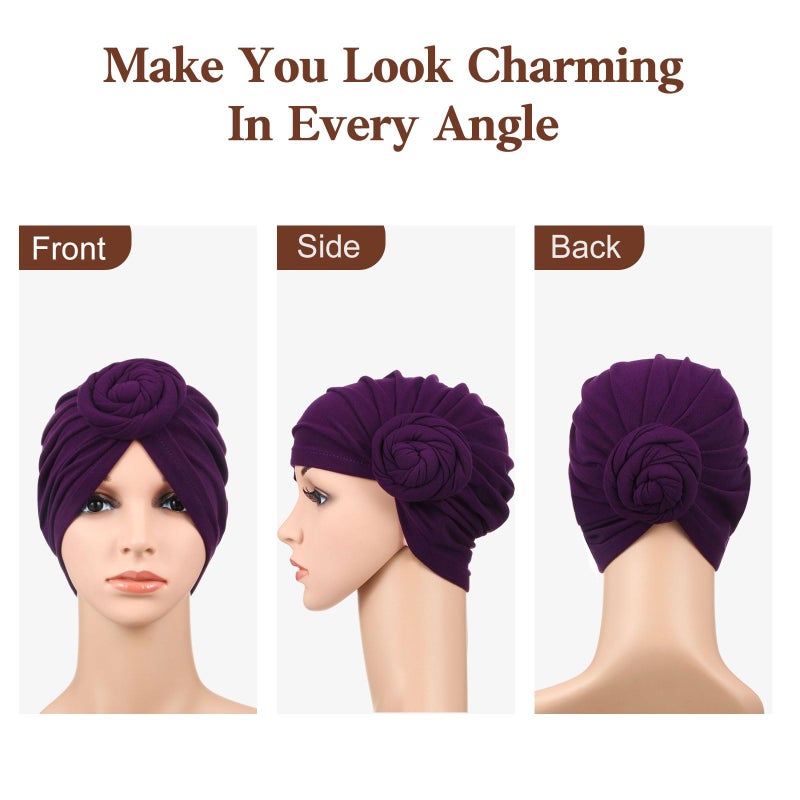 SATINIOR 4 Pieces African Pattern Headwrap Pre-Tied Bonnet Turban Knot Beanie Cap Headwrap Hat (Purple, Black, Navy, Camel) - Image 2
