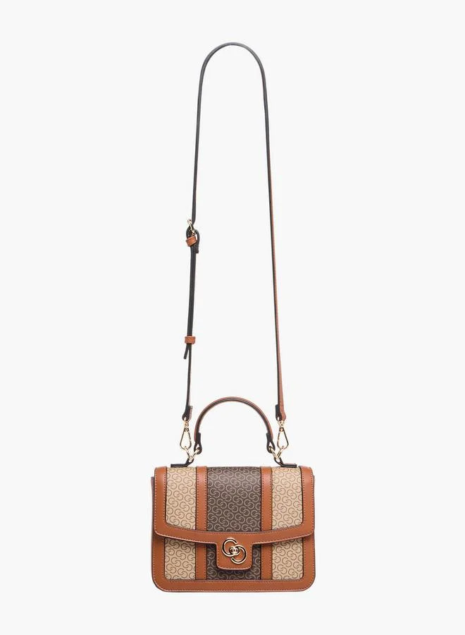 Celeste Monogram Print Satchel Bag with Detachable Strap and Flap Closure