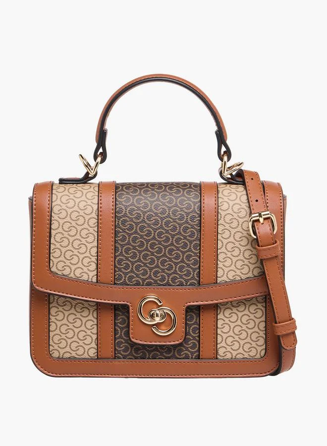Celeste Monogram Print Satchel Bag with Detachable Strap and Flap Closure