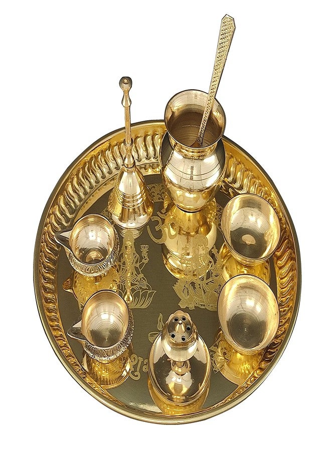 NOBILITY Brass Pooja thali 8 Inch with Kalash Kuber Diya Ghanti Spoon Bowl Dhup Dan Ganesh Lakshmi Design Puja Thali Set Festival Home Office Mandir Diwali Wedding Return Gift Items - Image 4