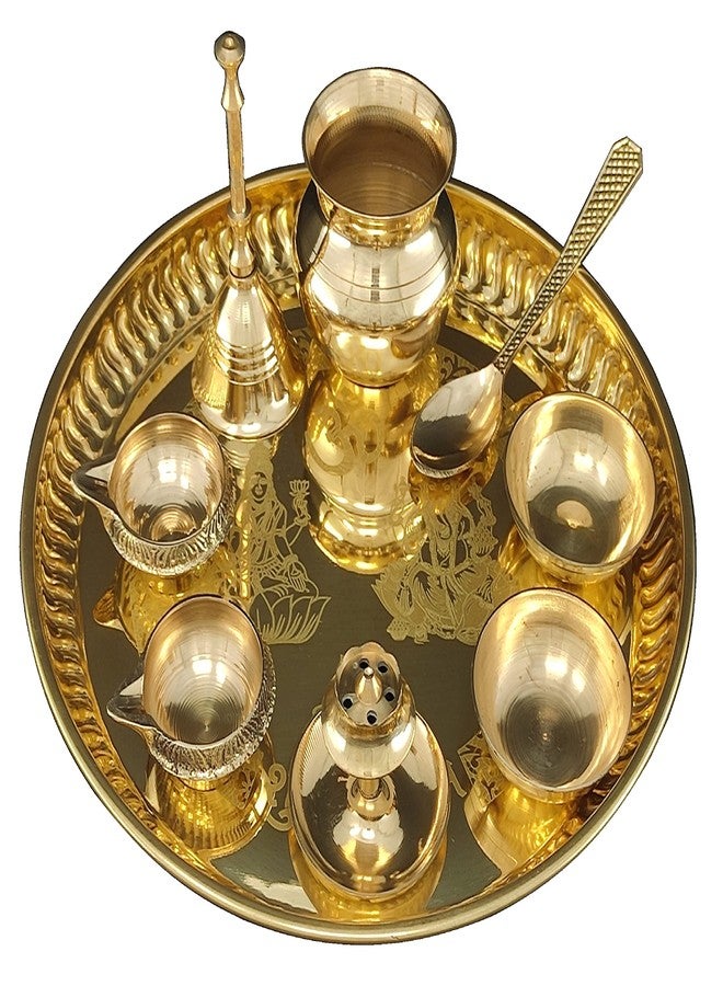 NOBILITY Brass Pooja thali 8 Inch with Kalash Kuber Diya Ghanti Spoon Bowl Dhup Dan Ganesh Lakshmi Design Puja Thali Set Festival Home Office Mandir Diwali Wedding Return Gift Items - Image 1