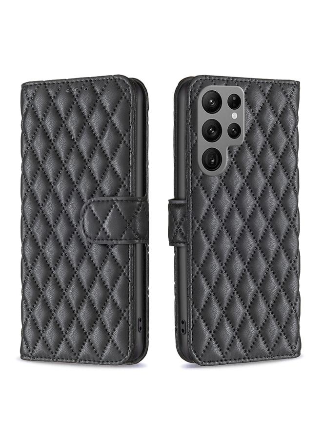 زبون حافظة جلدية قابلة للطي بتصميم محفظة ماسية لهاتف Samsung Galaxy S25 Ultra 5G (أسود)