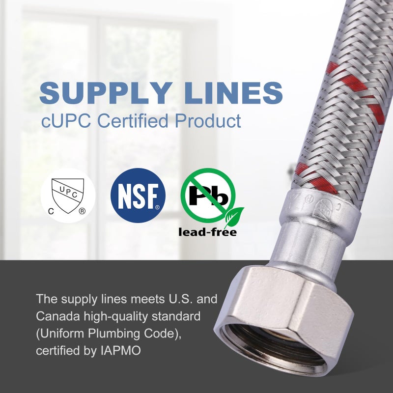 Arcora 12 Inch Length Faucet Hose 1/2â€ to 1/2â€, Braided Stainless Steel cUPC Supply Lines 1/2 Inch FIP x 1/2 Inch FIP Sink Hose Attachment for Faucet 1 Pair - Image 2
