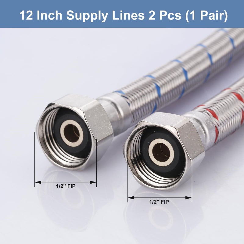 Arcora 12 Inch Length Faucet Hose 1/2â€ to 1/2â€, Braided Stainless Steel cUPC Supply Lines 1/2 Inch FIP x 1/2 Inch FIP Sink Hose Attachment for Faucet 1 Pair - Image 3