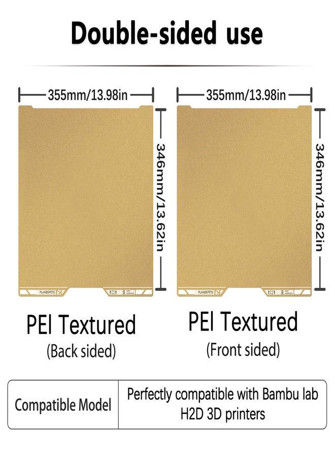 Sahvaim Same as OEM for Bambu H2D/H2S Textured PEI Plate with QR Code, 355x346mm Double Sided Flexible Spring Steel Magnetic Platform Print Bed PEI Sheet for Bambu Lab H2D/H2S 3D Printer(Gold) - Image 4