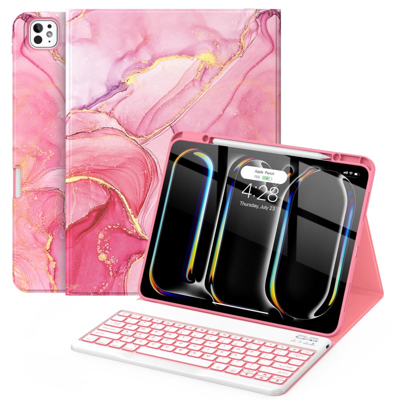 Soke Keyboard Case for iPad Pro 13 Inch M4 2024 Magnetic Detachable Wireless Keyboard 7 Colors Backlight Keys Folio Stand TPU Back Cover with Pencil Holder for iPad Pro 13 Red Marble