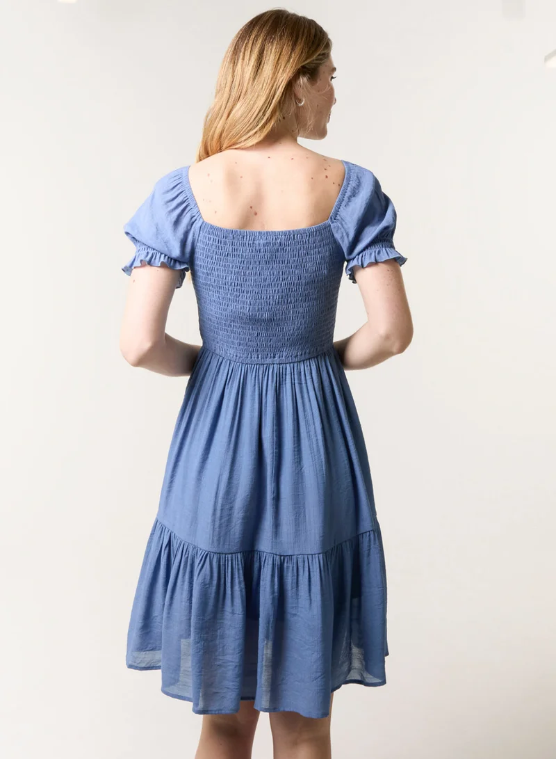 Blue Vanilla Shirred Puff Sleeve Mini Dress