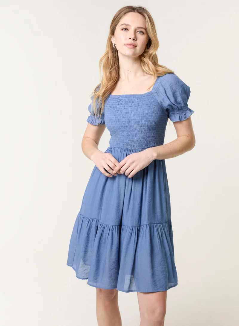 Blue Vanilla Shirred Puff Sleeve Mini Dress
