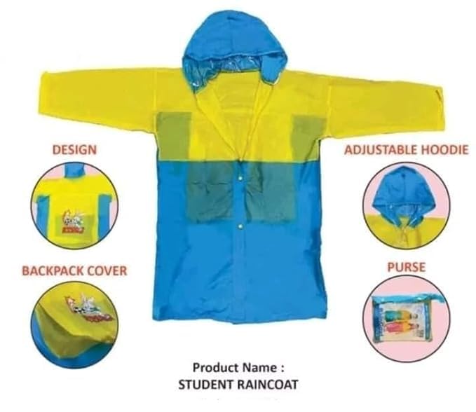 WKLOUYHE Girl's Kids PVC Waterproof Long Waterproof Children Rainwear with Hood School Bag Cover & Carry Pouch_Pack OF 01(Blue,7-8 Years) - Image 4