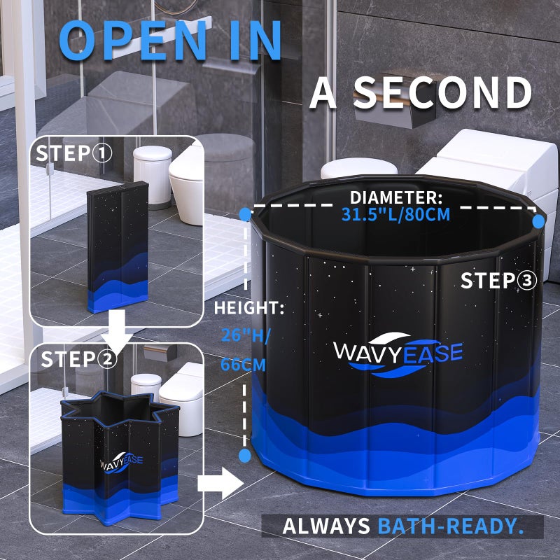 WAVYEASEÂ® Portable Bath Tub for Adults -(31.5"L x 26"H) Foldable Cold Plunge Tub for Recovery - Collapsible Soaking Bath Tub for Shower Stall - Outdoor Ice Bathtub for Athletes (Black) - Image 2