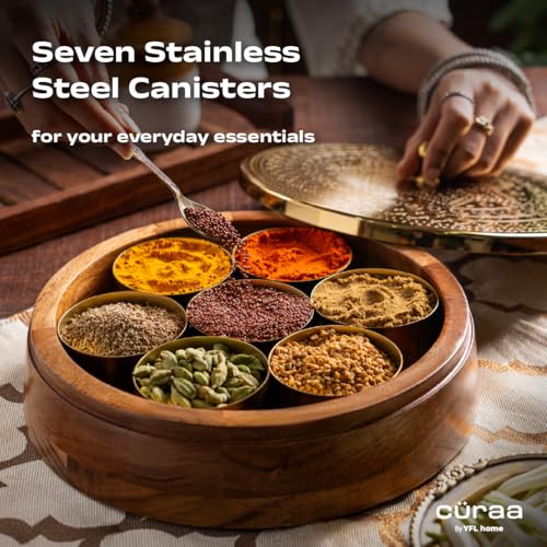 CÜRAA by Chef Sanjyot Keer | Acacia Wood Masala Dani | Spice Box for Kitchen with 7 Detachable Containers & Spoon | Wooden Masala Dabba | 120ml Each | Gift for Home - Image 3