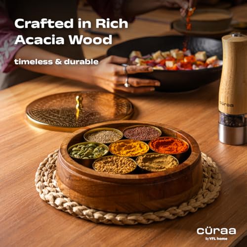 CÜRAA by Chef Sanjyot Keer | Acacia Wood Masala Dani | Spice Box for Kitchen with 7 Detachable Containers & Spoon | Wooden Masala Dabba | 120ml Each | Gift for Home - Image 5