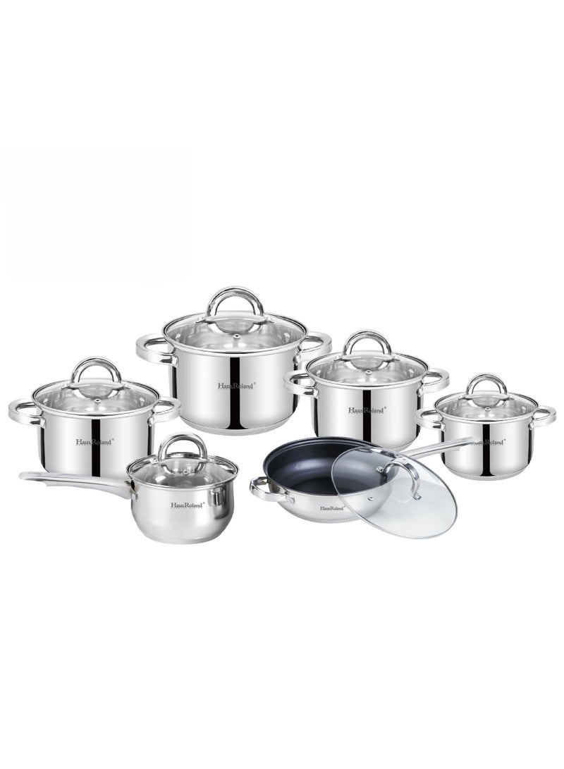 HausRoland 12pcs Stainless Steel Cookware Set, High Quality 18/10 Stainless Steel Cookware, Pan/frying Pan/casserole/saucepan/stockpot, Suitable For Any Stovetop And Dishwasher Safe - Image 1