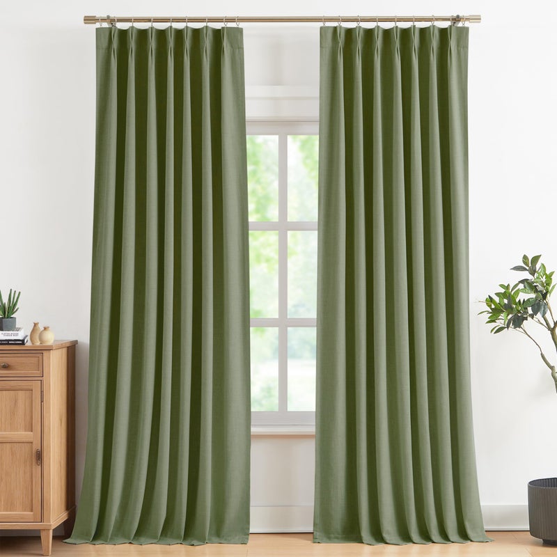 Vision Home Sage Green Pinch Pleated Full Blackout Curtains Linen Blended Room Darkening Curtain Panels 102 inch for Living Room Bedroom Thermal Insulated Pinch Pleat Drapes with Hooks 40" Wx102 Lx2 - Image 1