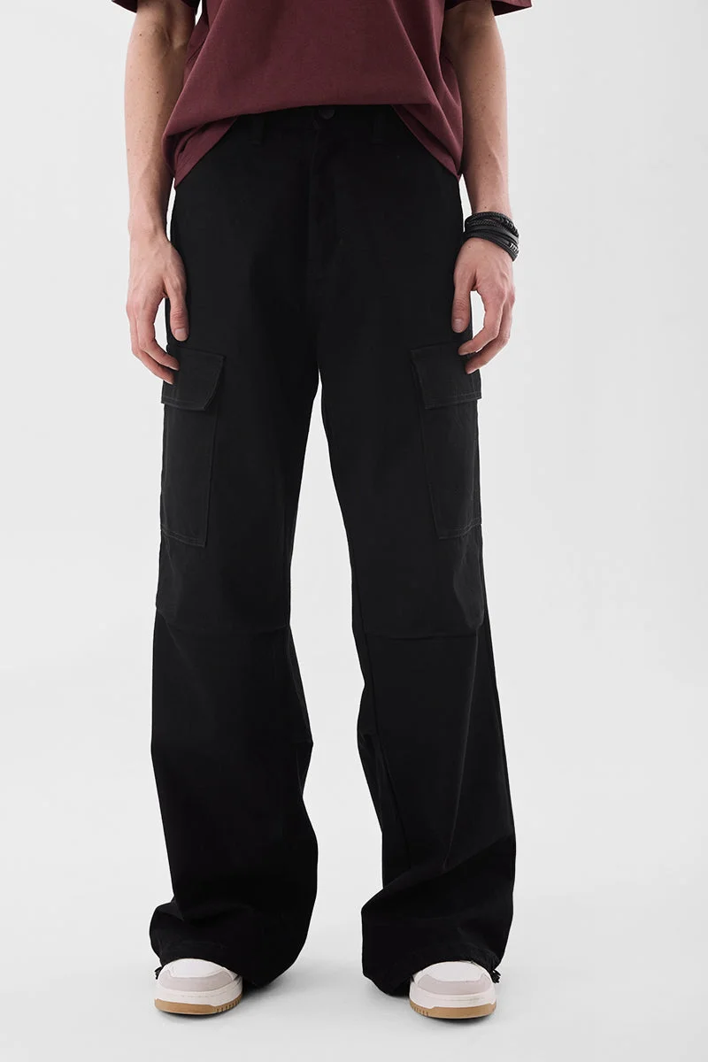 Snitch Black Black Mid Rise Loose Fit Cargo Pants for Men | Best Price UAE