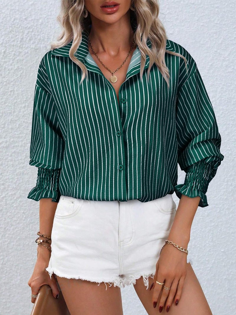 Gleeivy Womens Button Down Striped Shirt Casual Oversized Puff Long Sleeve High Low Hem Tunic Boyfriend Blouses V Neck Collar Dressy Business Fashion Clothes Y2K Trendy Work Fall Outfits Green Striped Large - Image 2