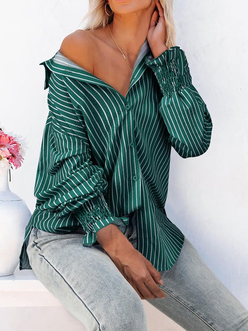 Gleeivy Womens Button Down Striped Shirt Casual Oversized Puff Long Sleeve High Low Hem Tunic Boyfriend Blouses V Neck Collar Dressy Business Fashion Clothes Y2K Trendy Work Fall Outfits Green Striped Large - Image 4
