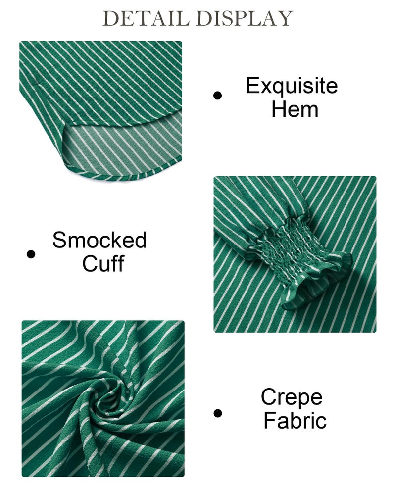 Gleeivy Womens Button Down Striped Shirt Casual Oversized Puff Long Sleeve High Low Hem Tunic Boyfriend Blouses V Neck Collar Dressy Business Fashion Clothes Y2K Trendy Work Fall Outfits Green Striped Large - Image 5