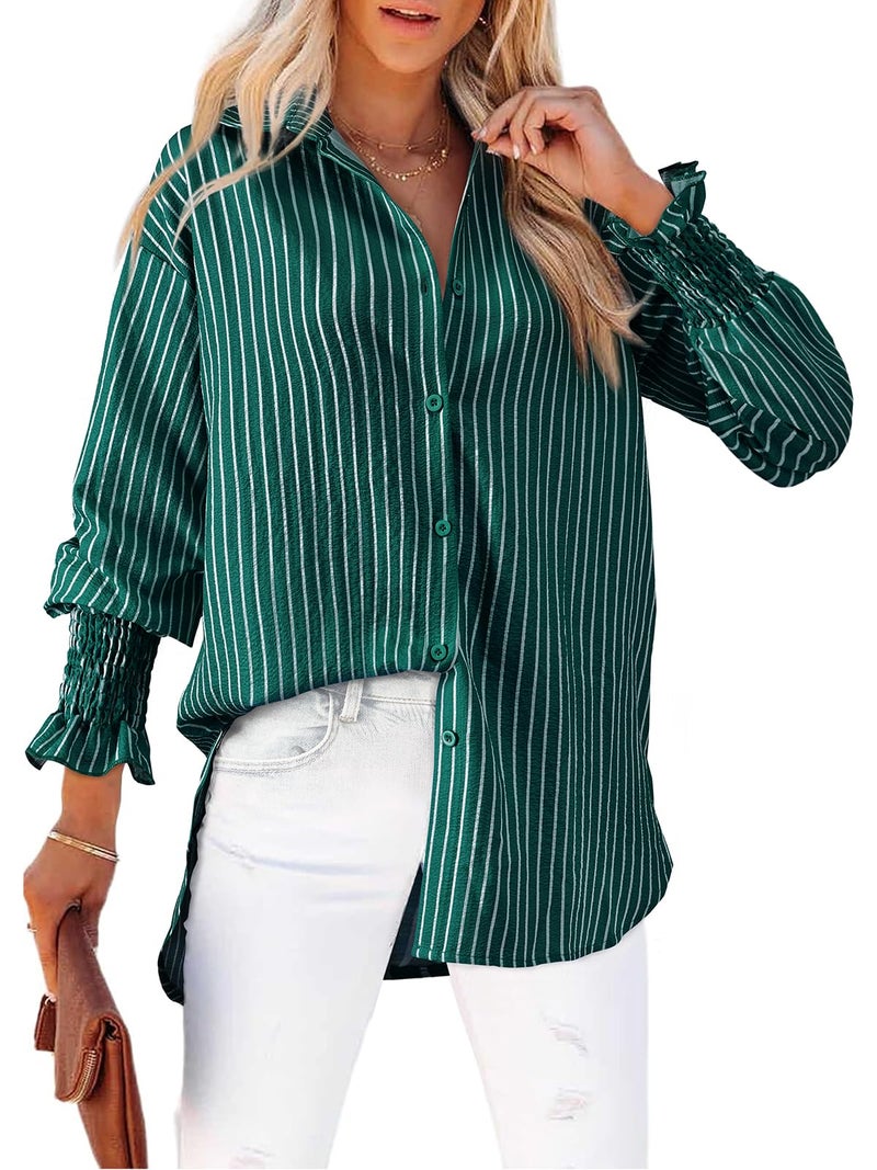 Gleeivy Womens Button Down Striped Shirt Casual Oversized Puff Long Sleeve High Low Hem Tunic Boyfriend Blouses V Neck Collar Dressy Business Fashion Clothes Y2K Trendy Work Fall Outfits Green Striped Large - Image 1