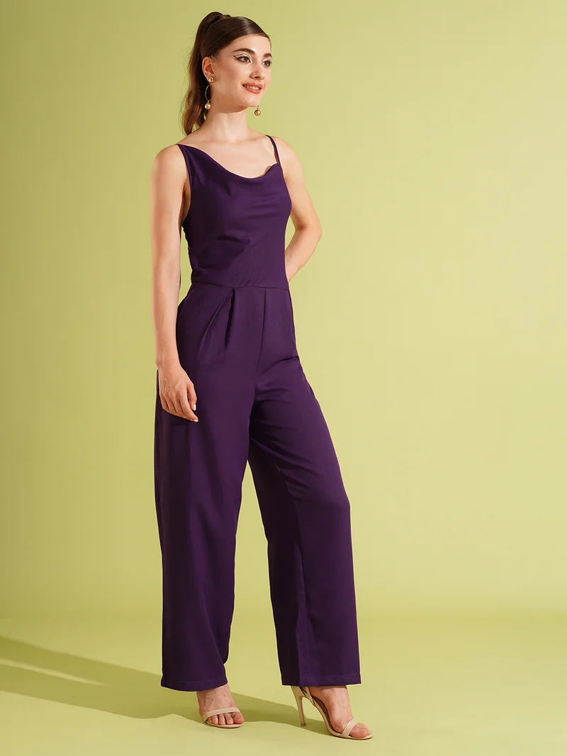 جلو باص Women Cowl Neck Shoulder Strap Party Jumpsuit