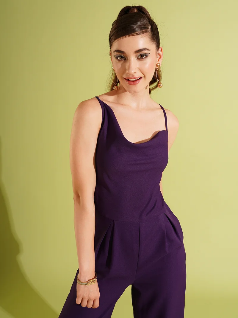 جلو باص Women Cowl Neck Shoulder Strap Party Jumpsuit