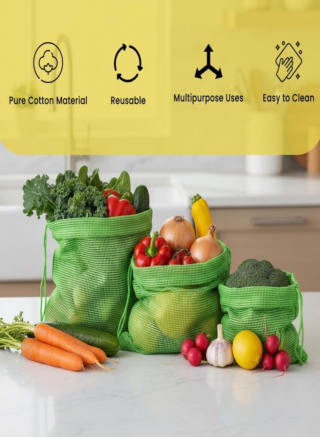 Wrapzy 100% Cotton Reusable Vegetable Bags for Fridge | Eco-Friendly Drawstring Storage Bags | Washable Breathable Mesh Bag | Multi-Purpose Cotton Mesh | Pack of 6 - Image 2