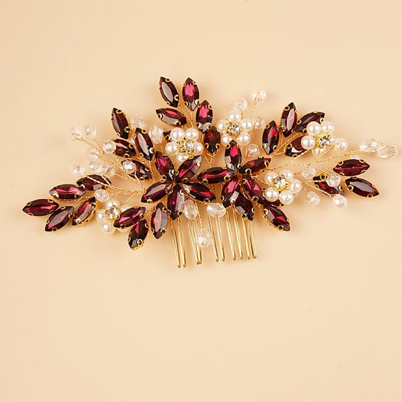 BERYUAN Hair Comb Rhinestone Flowers Bride Headpiece Red Wine Pearls Wedding Hair Accessories Handmade Hairband for Women and Girls