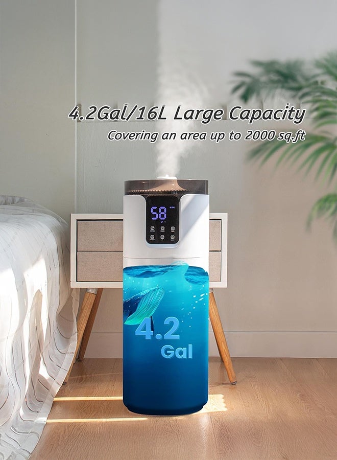 XiuWoo Humidifiers for Home Large Room Wholehouse Humidifier 190m³ 16L, 360° Nozzles Cool Mist Ultrasonic, Top Fill Tower Humidifier for Office Greenhouse with Pipe, Night Light, Timmer, 40-90% Constant humidity - Image 2