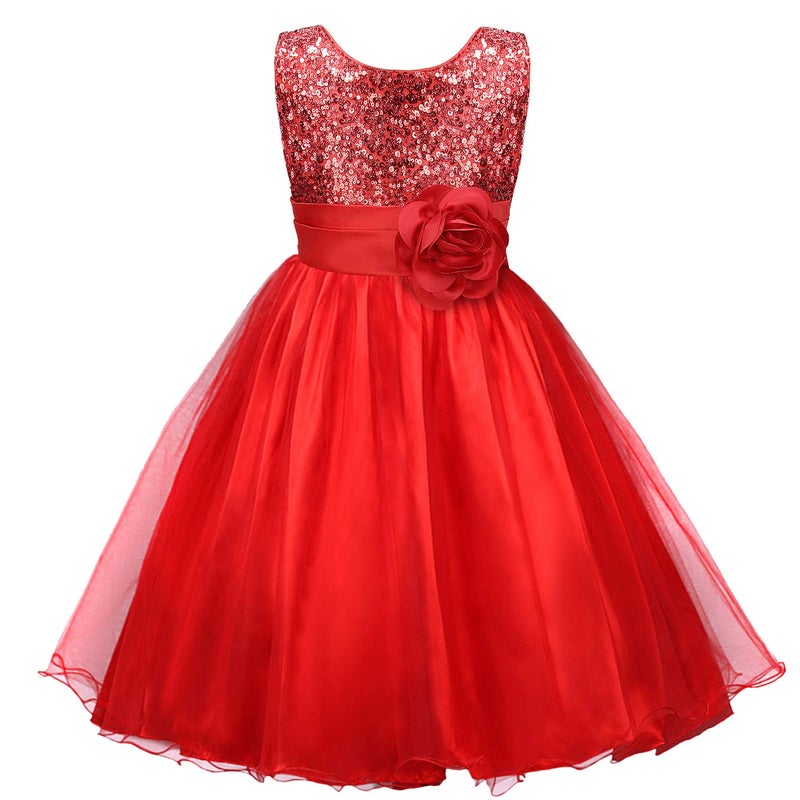 Acecharming Girls Dresses Sequin Flower Girls Party Dress Bridesmaid Ball Gown Wedding Tulle 3-10 Years Red - Image 1