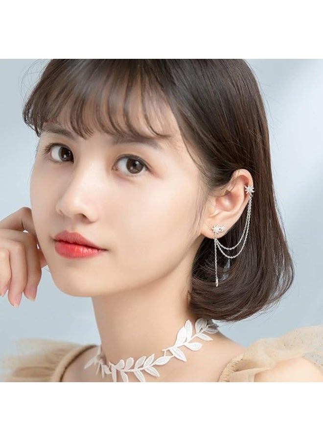 SLUYNZ 925 Sterling Silver Fashion Star Cuff Earring Chain for Women Star Crawler Earring Wrap Earrings (Pair-Silver) - Image 2