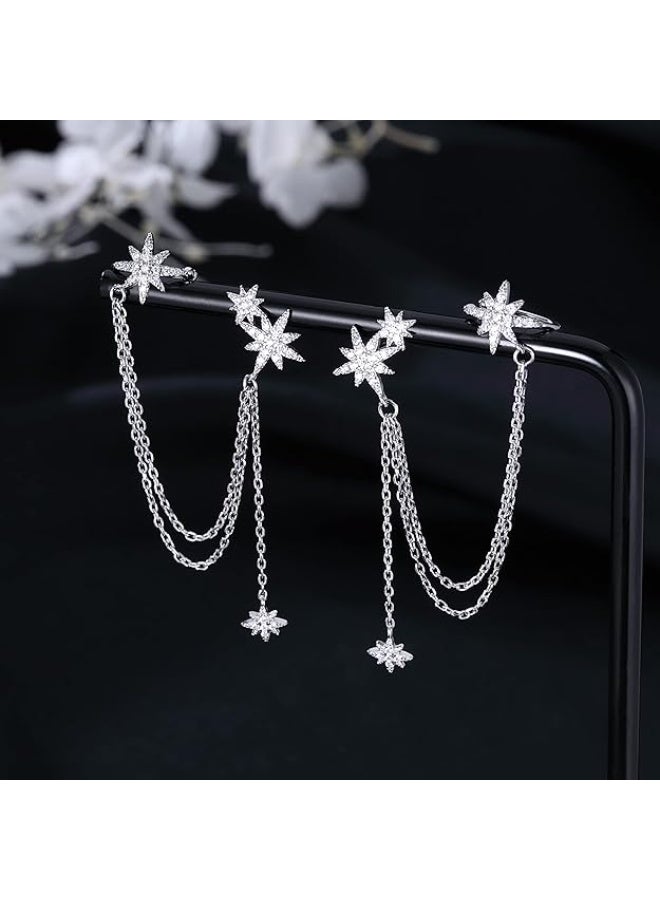 SLUYNZ 925 Sterling Silver Fashion Star Cuff Earring Chain for Women Star Crawler Earring Wrap Earrings (Pair-Silver) - Image 4