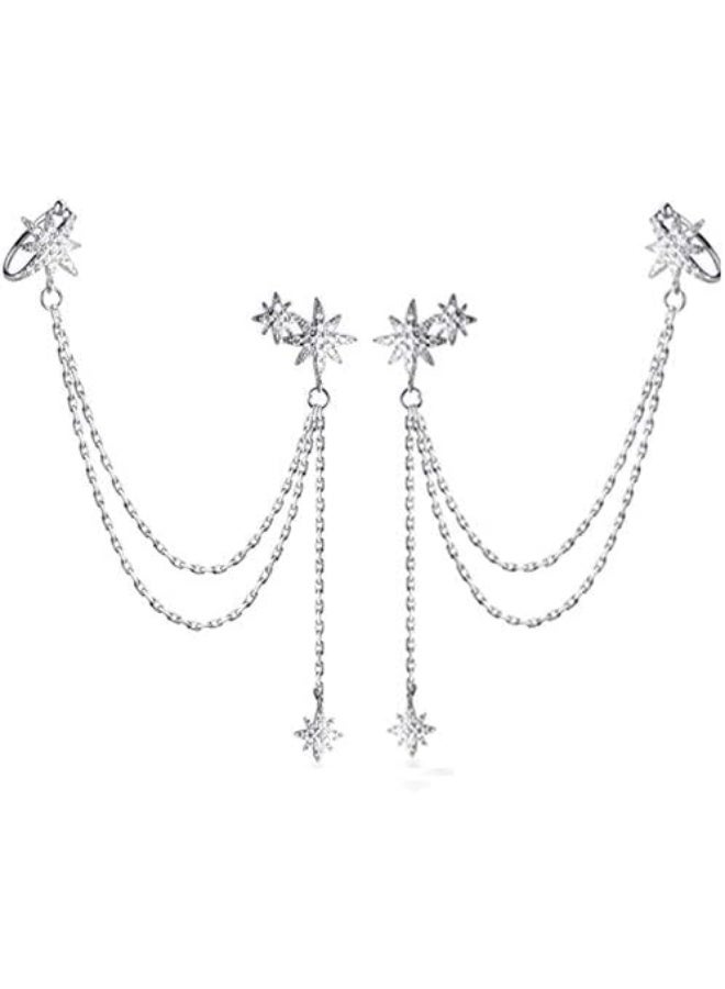 SLUYNZ 925 Sterling Silver Fashion Star Cuff Earring Chain for Women Star Crawler Earring Wrap Earrings (Pair-Silver) - Image 1