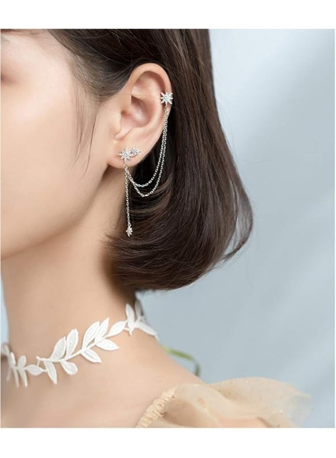 SLUYNZ 925 Sterling Silver Fashion Star Cuff Earring Chain for Women Star Crawler Earring Wrap Earrings (Pair-Silver) - Image 3