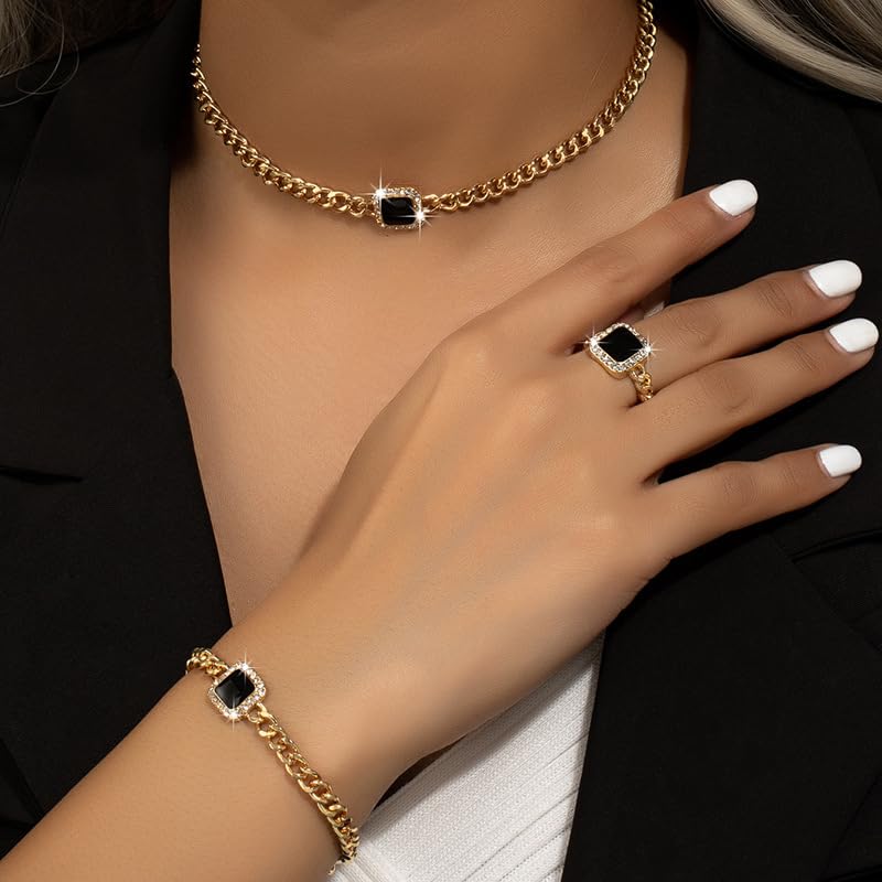 YERTTER Dainty Rhinestone Enamel Necklace Bracelet Earrings Set Chunky Chain Collar Choker Necklace Set for Women (Black) - Image 2