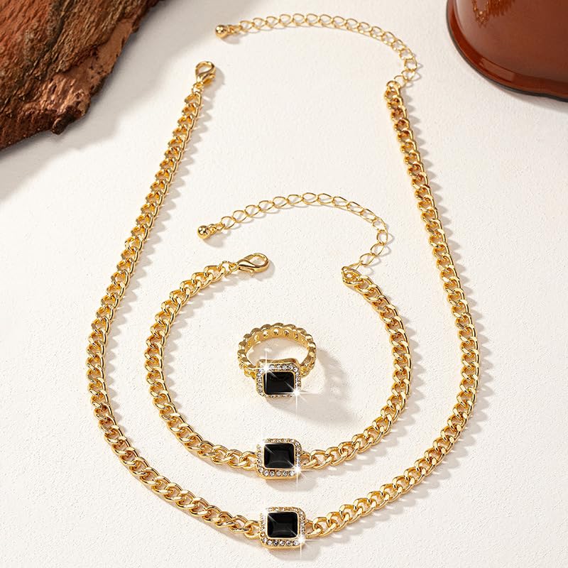 YERTTER Dainty Rhinestone Enamel Necklace Bracelet Earrings Set Chunky Chain Collar Choker Necklace Set for Women (Black) - Image 5