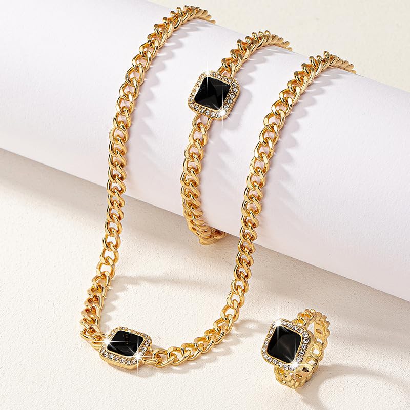 YERTTER Dainty Rhinestone Enamel Necklace Bracelet Earrings Set Chunky Chain Collar Choker Necklace Set for Women (Black) - Image 4