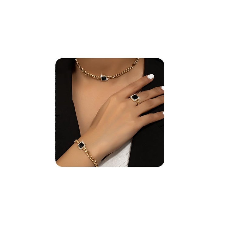 YERTTER Dainty Rhinestone Enamel Necklace Bracelet Earrings Set Chunky Chain Collar Choker Necklace Set for Women (Black) - Image 1