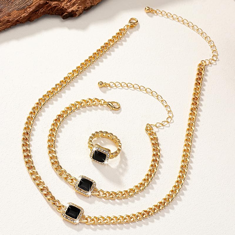 YERTTER Dainty Rhinestone Enamel Necklace Bracelet Earrings Set Chunky Chain Collar Choker Necklace Set for Women (Black) - Image 3