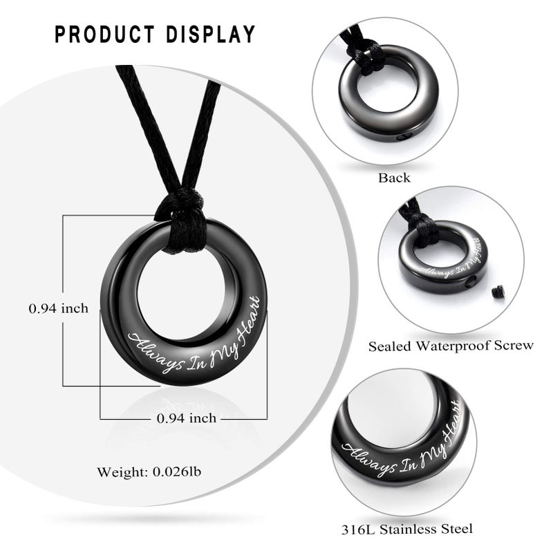 Hearbeingt Cremation Jewelry Urn Necklace for Ashes for Women Men, Circle of Life Eternity Memorial Pendant Ash Jewelry(Black-Always in My Heart) - Image 2