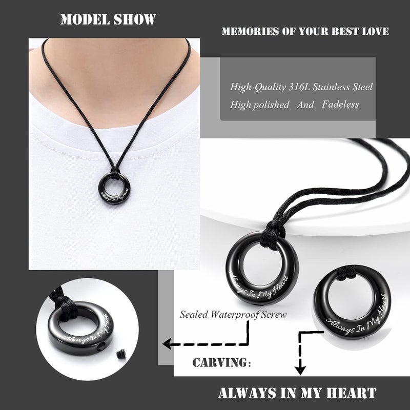 Hearbeingt Cremation Jewelry Urn Necklace for Ashes for Women Men, Circle of Life Eternity Memorial Pendant Ash Jewelry(Black-Always in My Heart) - Image 5