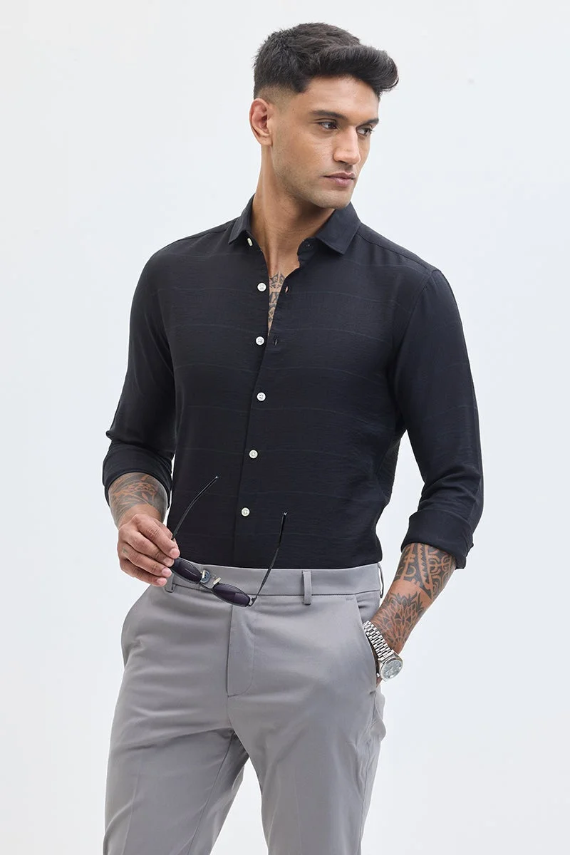 سنيتش Black Solid Long Sleeve Slim Fit Shirt