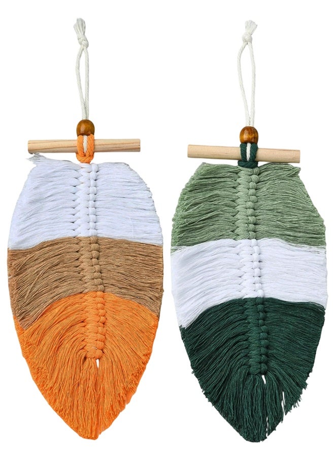 2 Pack Boho Macrame Leaf Wall Hangings, Cotton Wall Decor with Natural Wooden Beads, Mixed Colors - Image 1