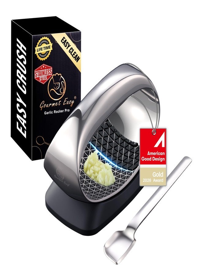 Gourmet Easy مكبس ثوم كامل من الفولاذ المقاوم للصدأ مع قاعدة إخراج وملعقة كاشطة، تقطيع ثلاثي الأبعاد مبتكر، مفرمة ثوم سهلة السحق والتنظيف، أداة تقشير ثوم ممتازة بمقبض مريح، ضمان 5 سنوات - Image 1