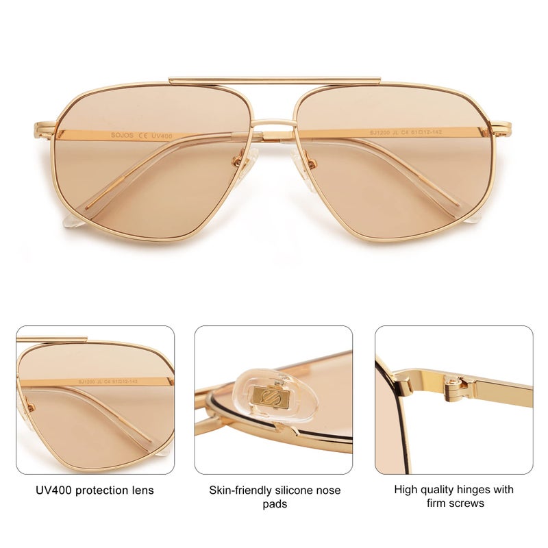 SOJOS Classic Retro Aviator Sunglasses for Women Men Vintage Hexagonal Metal Frame UV400 Lenses SJ1200, Gold/Light Brown - Image 4