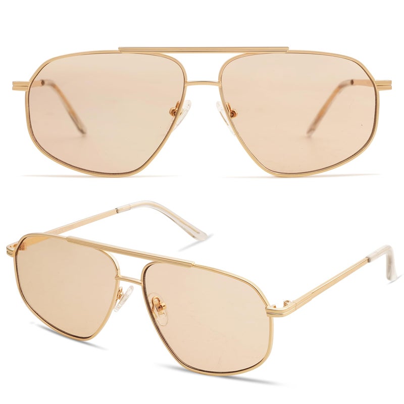 SOJOS Classic Retro Aviator Sunglasses for Women Men Vintage Hexagonal Metal Frame UV400 Lenses SJ1200, Gold/Light Brown - Image 2