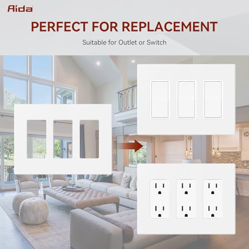 AIDA 3-Gang Screwless Decorative Wall Plates, Screwless, Mid-Size & Unbreakable. For Outlets, Switches. UL Listed (1 Pack, Matte White) - Image 4