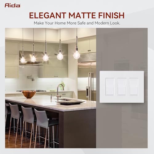 AIDA 3-Gang Screwless Decorative Wall Plates, Screwless, Mid-Size & Unbreakable. For Outlets, Switches. UL Listed (1 Pack, Matte White) - Image 5