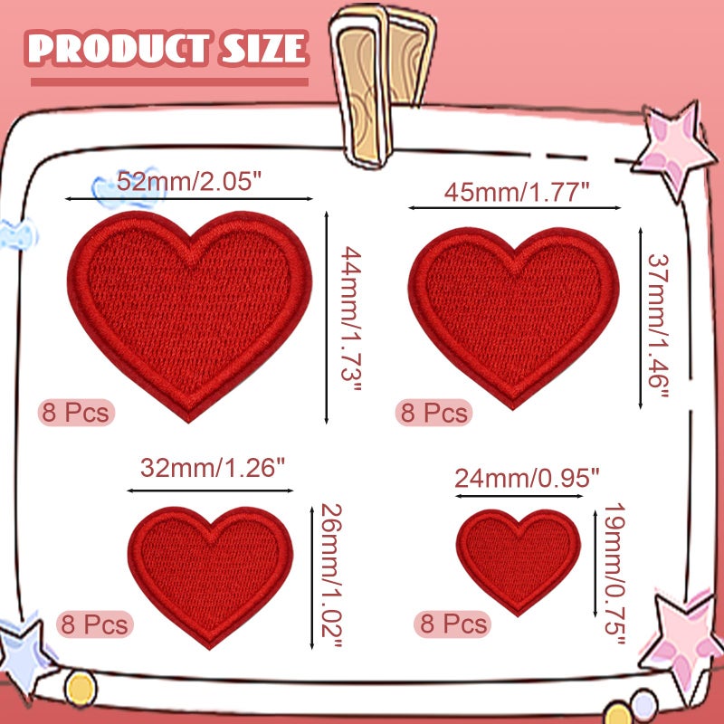 vibedor 32 PCS Red Heart Patches Iron On Patches Heart Shape Sew On Patch Embroidered Patch for Clothes Jeans Backpacks(4 Sizes) - Image 3