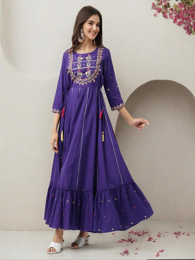 آي شين ISHIN Purple Cotton Embroidered Maxi Dress